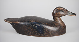 Hollow-carved black duck with well-done scratch-feather paint and a nice, dry surface by Ferman Eyre of Brockville, Ontario, Canada, ca. 1940s
