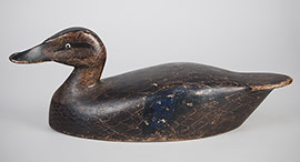 Hollow-carved black duck with well-done scratch-feather paint and a nice, dry surface by Ferman Eyre of Brockville, Ontario, Canada, ca. 1940s
