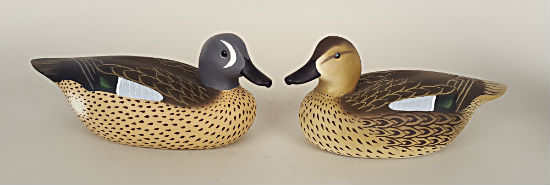 Pair of miniature blue-winged teal by Charlie Joiner of Chestertown, Maryland, signed and dated 2006.