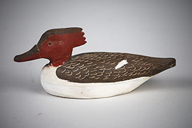 Miniature red-breasted merganser hen by Miles Hancock of Chincoteague, Virginia, signed and dated.