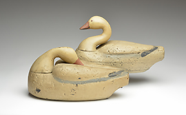 Pair of cork-bodied snow geese with removable heads by a Mr. Pruss of Saginaw Bay, Michigan, ca. 1930. Terrific folk art appeal.