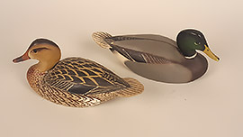 Pair of balsa-bodied miniature mallards by the Ward brothers of Crisfield, Maryland, ca. 1950s.