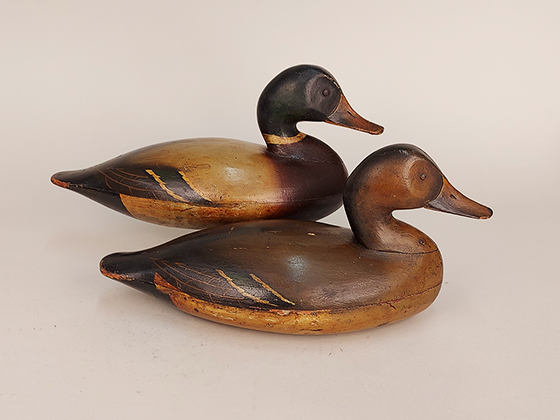 Pair of hollow mallards formerly considered "Blair School," likely made and painted in a professional carving shop in Philadelphia, ca. 1870. An iconic pair of early Delaware River decoys.